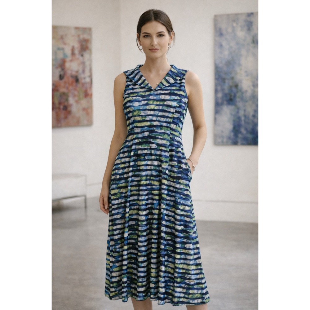 Kozan‎ Womens Dress XS Blue Abstract Print Sleeveless Midi Stretch Artsy Boho